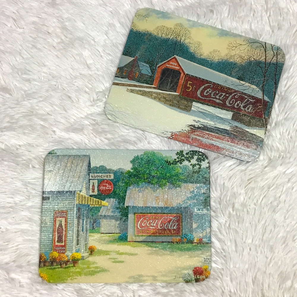 NWOT Set of 2 Vintage Coca-Cola Nostalgic Country Scenery Tin Trivet Wall Plaque